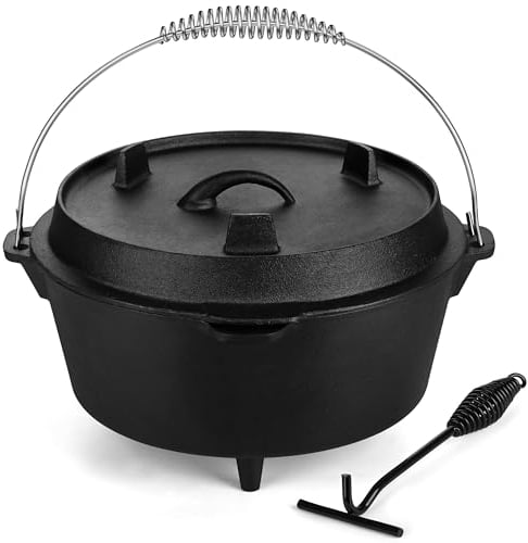 7QT Dutch Oven Camping mit Deckelheber, Leonyo 2 in 1 Gusseisen Dutch Oven für Outdoor Camping, Heavy Duty & Pre-Seasoned Deep Pot für Sauerteigbrot Backen, Lagerfeuer Kochen