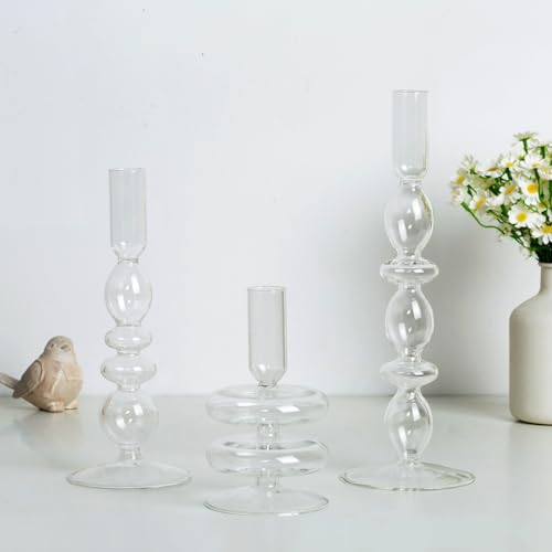 Bougeoirs en Verre Hewory : 3pcs Bougeoirs à Bulles Transparents Bougeoirs Colorés pour Bougies Coniques, Bougeoirs Décoratifs pour Noël Décoration se Table Décoration d'Intérieur