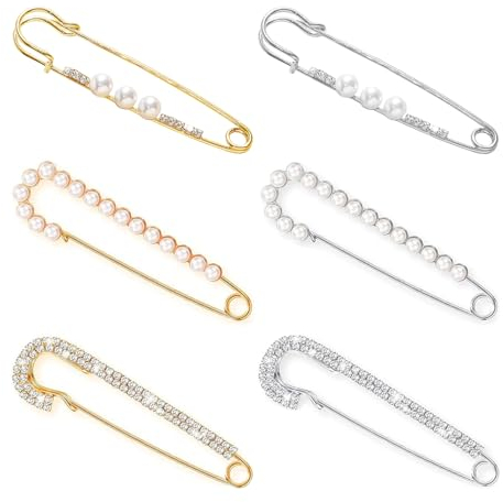 KHDULQ 6 Pièces Broche Femme, Perle Artificielle Epingle, éPingle à Nourrice, Strass Artificiels Broche Vetement, Broche Fixe Anti Exposition, pour Femmes Filles VêTements DéCoration(A)