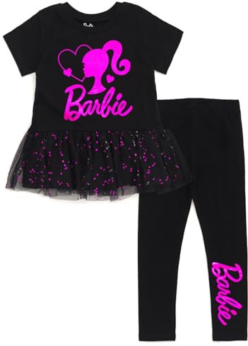 Barbie T-shirt et pantalon péplum à imprimé métallique pour filles, Feuille noire et rose, 4 ans