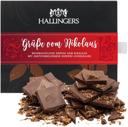 Hallingers Genuss Manufaktur Schokolade Weihnachts-Geschenk - Tafel handgeschöpften Edelkakaos ohne Alkohol edler Karton Grüße vom Nikolaus Xmas-Gewürze, Weihnachten für Frauen Männer