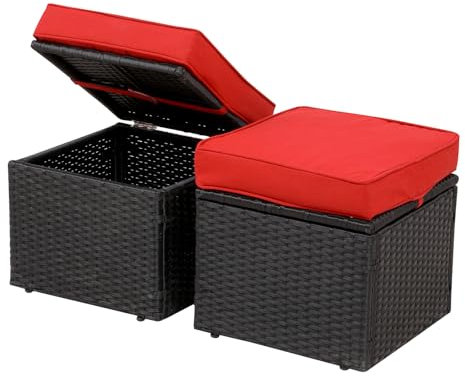 OPENAIRCOMFORT Premium Striking Rot/Schwarz, 41,9 cm, 2-teilig mit 7,6 cm lichtbeständigem Kissen, Allwetter-Weiden-Ottomane, PE-Rattan-Beistelltisch und Fußhocker, Fußstütze, ideal für Terrasse