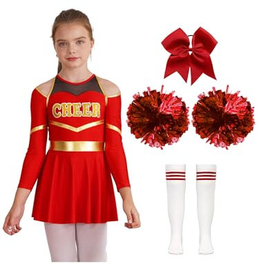 Miutii Mädchen Cheer Leader Cheerleading Kostüm Langarm Kleid mit Pompoms Socken Cheerleading Uniform Halloween Karneval Fasching Party Tanzkleid Aa Rot 146-152