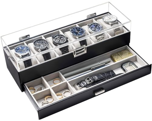 ProCase Uhrenbox mit 6 Fächern,Uhrenkasten mit Schublade, Men’s Watch Box, Uhrenaufbewahrung Uhrenkoffer Uhrenschatulle für Herren, Uhr Aufbewahrungsbox - 6 Fächer, Schwarz