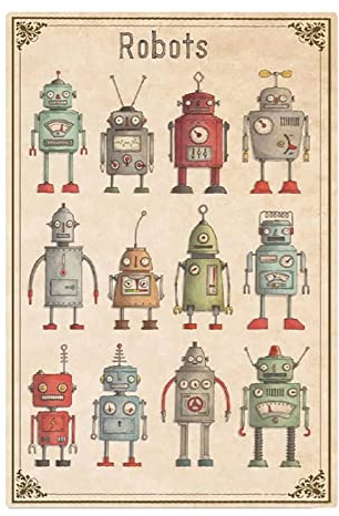 FJQWKLF Roboter-Diagramm, Metallschilder, Arten von Robotern, Poster, niedliche Roboter-Sammeltafel, Wanddekoration für Zuhause, Zimmer, bestes Geschenk für Kinder, 30,5 x 40,6 cm