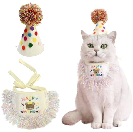 Katzen-Geburtstagstuch, Schal und Partyhut, niedliche Quasten, Lätzchen, Schal und Geburtstagshut, Katzen-Geburtstagsparty-Dekorationsset