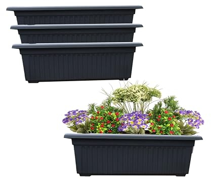 SIDSONS Set of 4 Modern Black Rectangular Plastic Window Trough Planters, 70cm Long, 27cm High, 31cm Wide, Raised Design for Optimal Drainage and Airflow, Suitable for Both Indoor and Outdoor Use