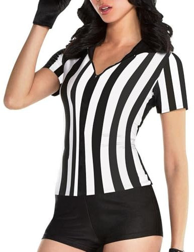VKT Schiedsrichter-Trikot für Damen, schwarz-weiß gestreift, Uniform für Basketball, Fußball, Halloween, Kostüm, Reißverschluss, Medium