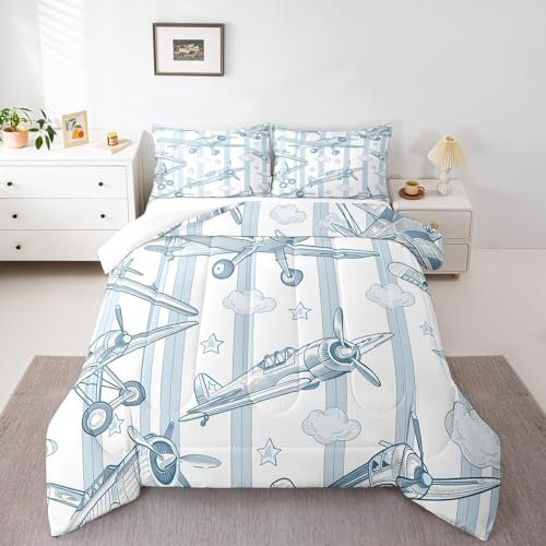 Flugzeug-Bettwäsche-Set für Queen-Size-Bett, Cartoon-Flugzeug, Kinder-Bettwäsche-Set für Jungen, Mädchen, Teenager, Raumdekoration, Sterne, Wolke, fliegende Thema, Bettbezug, 3-teilig, blau-weiße