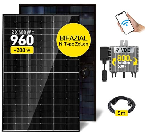 ALLDREI® Balkonkraftwerk 1000W komplett steckdose, mit 2x480W Bifazialer Solarpanel, PV Anlage Komplettset, Wechselrichter 800W mit APP&WIFI, 0% MwSt.