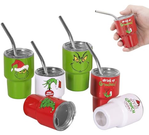 LSBIYUTEFO Mini Shot Glasses with Lids and Straws, 3 oz Cute Christmas Style Stainless Steel Insulated Sublimation Tumbler Cup for Drink Cocktail Bar Beach Party Gift (6 Packs)