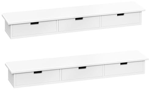 WOLTU Wandregal 2er Set, mit 3 Schubladen, Schweberegal, Hängeregal, Wandboard, bis 10 kg belastbar, Wanddeko für Küche Flur Wohnzimmer, 93,5x15x10 cm, Weiß, RG9519ws-2