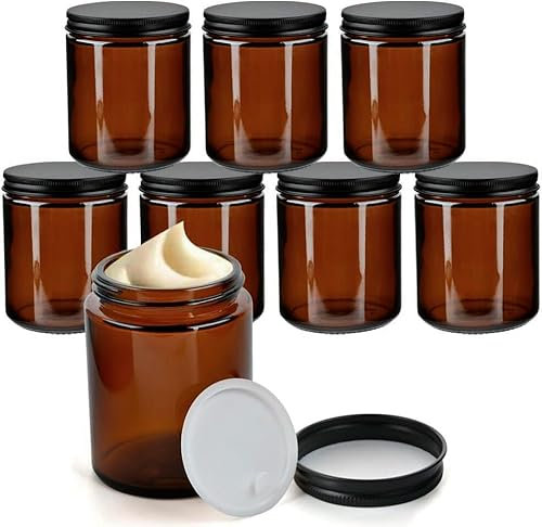 MAOOY 8 Pots Verre Ambré 240ml Vides - Avec Couvercle Métallique et Garniture, Récipients Polyvalents à Protection UV, Grands Pots d'Apothicaire pour Cosmétiques, Ointments, Lotions.