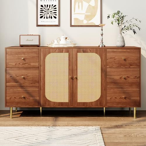 Lexiou Sideboard, Rattan-Sideboard, Aufbewahrungsschrank mit Schublade, unabhängiger Holzschrank, Küche, Zuhause, Wohnzimmer, braun, 160 x 40 x 90 cm