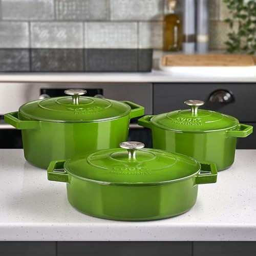 Cooks Professional Set of 3 Cast Iron Casserole Dishes with Lid & Handles | 20, 26 & 28cm | Colourful Enamelled Cooking Pans Pots | Suitable For All Hobs Inc Induction | Oven & Grill Safe | Green