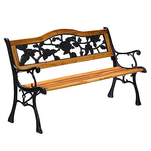 birene Außenbank 49,2-Zoll-Außenbank aus Gusseisen und Holz, 2-Personen-Gartenbank mit floraler Pflanzenmotiv-Rückenlehne, langlebiger Outdoor-Freizeitstuhl for Parkterrasse, Hofdeck Gartenbank