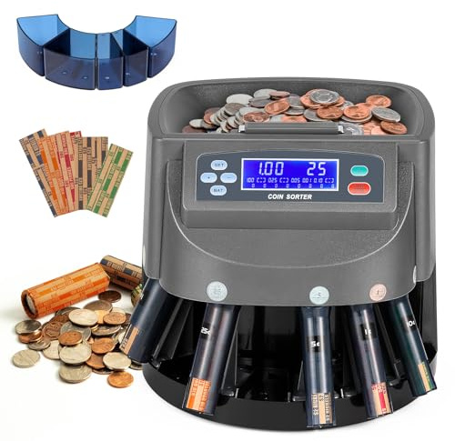 Bonvoisin Coin Counter & Coin Sorter Machine for USD Coin 1￠ 5￠ 10￠ 25￠ $1, Sorts up to 270 Coins/min, Included 5 Coin Trays & 5 Tubes & 50PCS Wrappers