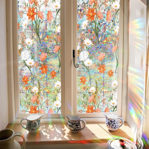GORGECRAFT 100x43cm Große Sichtschutzfolie Für Fenster Mit Wildblumen Regenbogen Motiv Sonnenschutz Fensteraufkleber Buntglas Dekorativer 3D Sonnenfänger Statisch UV Beständig Reflektierend Nicht Kleb