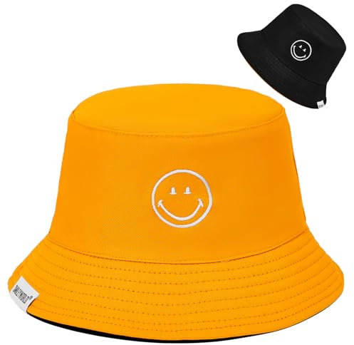 Durio Fischerhut Damen Sonnenhut Baumwolle Bucket Hat Herren Reversibel Faltbar Anglerhut Sommerhut Reisen SmileyWorld® Schwarz Gelb