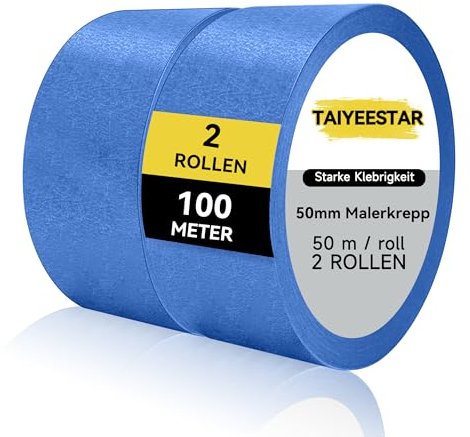 Taiyeestar 2 Rollen Malerkrepp, Klebeband, Profi-Kreppband für Malerband, Abdeckband Malertape Klebeband Washi Tape Papiertape Selbstklebend (50 mm x 50 m)