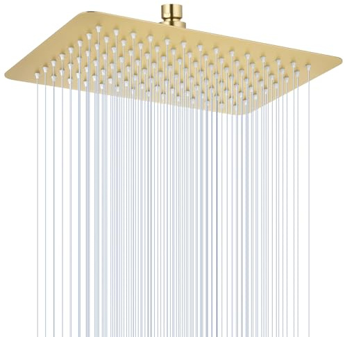 KINLIV Soffione doccia rettangolare a pioggia da 30,3 x 20,3 cm, in acciaio inox 304 spazzolato, tutto il corpo con 112 ugelli in silicone, soffione a cascata ad alto flusso