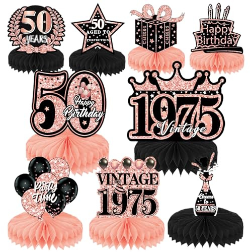 50th Birthday Table Decorations 9pcs Rose Gold Birthday Honeycomb Table Centerpieces Cheers to Honeycomb Table Topper for Men Women Party Decoration Supplies (50th)