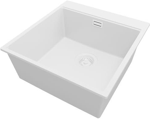 PRIMAGRAN Evier Cuisine en Granit Tout Blanc 48x50cm, Lavabo 1 bac + Kit de Vidage, Évier à Encastrer au meuble 50cm - Oslo