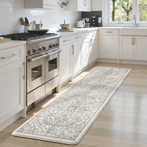 Kimdoe Boho-Küchenmatte, gepolstert, Anti-Ermüdung, rutschfest, wasserdicht, Grau, 61 x 180,3 cm, Küchenläufer, Teppich, ergonomisch, Komfortschaum-Stehmatte