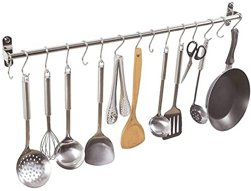 Soporte para utensilios de cocina de acero inoxidable montado en la pared para organizar herramientas y ollas