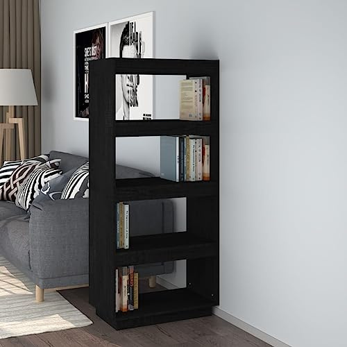Mokuyary Bücherschrank, Raumteiler, Bücherregal, Beistellschrank, moderne Vitrine, Bücherregal, Wohnzimmer, Zuhause, Büro, Ecke, Schwarz, 60 x 35 x 135 cm