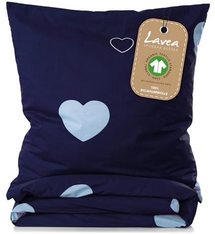 Lavea® Bettwäsche Kinder Set 155x220 cm und 80x80 cm - Blau Hellblau | Kinderbettwäsche 100% Bio-Baumwolle mit Herzmotiv, weiche und atmungsaktive Bettwäsche mit Reißverschluss, verschiedene