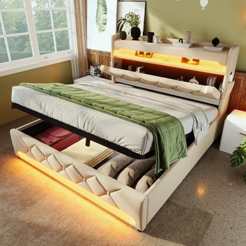 SURUEO 6ft Super King Upholstered Bed with Hydraulic Storage, LED Lighting & USB Type-C Charging, Linen Fabric Storage Bed with Metal Slats, 180x200cm, Beige (No Mattress)