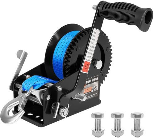 WynWerth 3500lbs Boat Trailer Winch, Heavy Duty Hand Winch with 33FT Strap, 2-Way Ratchet with 4:1/8:1 Gear Ratio, Comfortable Handle for Boat, Truck, Trailer, RV, ATV, Jet Ski- Blue