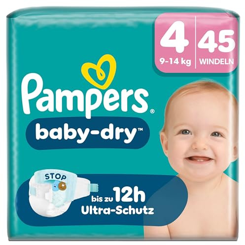 Pampers Baby-Dry Größe 4, 45 Windeln, 9kg-14kg | Bis zu 100% Auslaufschutz & Komfort die ganze Nacht