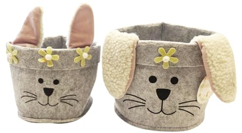 MACOSA IK9887 Oster Geschenkkorb 2er Set Hase Filz Beige Rosa Osterkorb 19 cm 15 cm Filzkorb Osternest Osterfilzkörbchen Kinder Erwachsene Osterhase