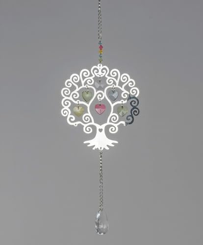 formano Dekohänger Lebensbaum Fensterhänger Baum mit bunten Acryl Herzen, Metall Silber 51/31x14 cm, Gesamtlänge 52 cm mit Kette, Kristall Anhänger - Fensterdeko, Feng Shui Lebensbaum, Geschenkidee