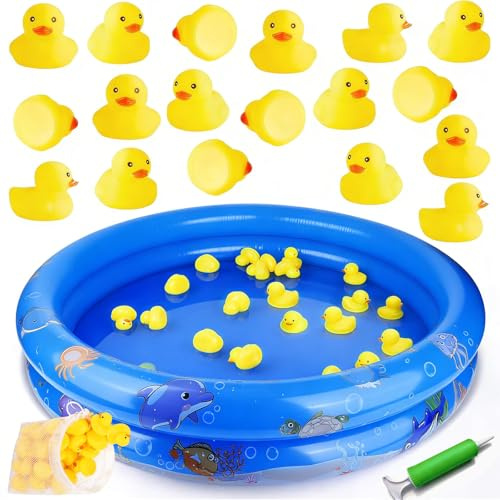 FuYelng 25 Piezas Piscina Niños con Patito de Goma y Bomba de Aire, 90 X 20 cm Bañera Hinchable Bebe Redondo Piscina Infantil, para Juegos Acuáticos Natación Infanti Fiesta Verano