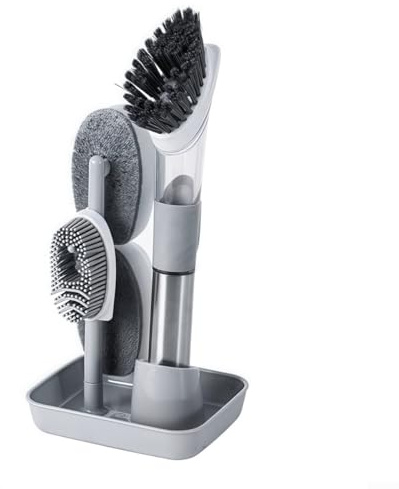 4 in 1 Dishwashing Brush with Soap Dispenser and Long Handle, Multi-Surface Kitchen Cleaning Tool for Sinks, Stoves and Bathtubs, Transparent Detergent Window(Gray)