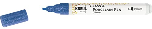 Kreul 16507 - Glass & Porcelain Pen Glitter Blue, Stroke Width Approx. 1-3 mm, Semi-Transparent Water Based Paint with Glitter Effect, for Glass, Glazed Ceramics, Metal and Porcelain