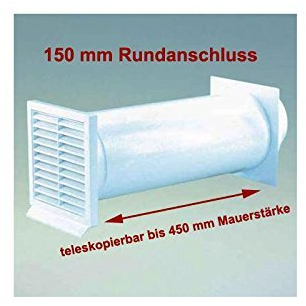 IKM Abluft Mauerkasten mit Rückstauklappe in Weiß mit Rundanschluss 150 mm Durchmesser Maße Aussengitter 225 x 225 mm für Mauerstärke von 120 - 450 mm Ablufttechnik Rundrohr für Rohre und Schläuche