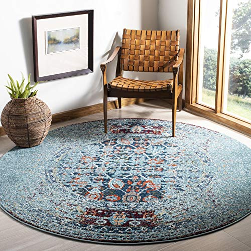 SAFAVIEH Monaco Collection Area Rug - 6'7 Round, Blue & Multi, Boho Abstract Distressed Design, Non-Shedding & Easy Care, Ideal for High Traffic Areas in Living Room, Bedroom (MNC208J)