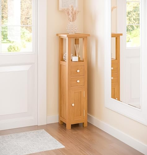 Hallowood Furniture Waverly Oak Open Top Tower Slim Storage Cabinet, Narrow Oak Bathroom Cabinet with 2 Drawers, Cupboard and Shelf, Display Cabinets for Hallway or Small Spaces