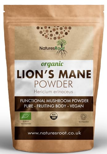 Nature’s Root Organic Lion’s Mane Mushroom Powder 200g – 100% Fruiting Body (Hericium erinaceus) – Finely Milled Vegan Mushroom Powder for Coffee, Smoothies & Hot Drinks – No Fillers