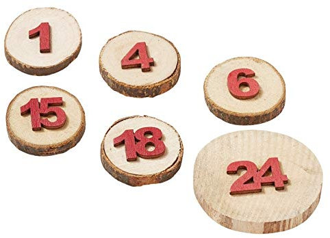 RiloStore 24 STK Zahlen Holzscheiben braun rot Natur mit Klebepunkt Adventskalender basteln Weihnachtskalender Holzzahlen Pastellfarben