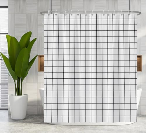 Renaiss Karierter Duschvorhang, schwarz-weiß, kariert, modernes schlichtes Design, wasserdichter Stoff, Duschvorhang mit Haken für Hotel, Badezimmer, Duschen, maschinenwaschbar, 182.9x182.9 cm