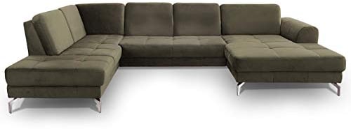 CAVADORE Wohnlandschaft Benda / Große Sofagarnitur mit XL-Longchair rechts & Federkern / Inkl. Sitztiefenverstellung / 332 x 87 x 226 / Samt: grün