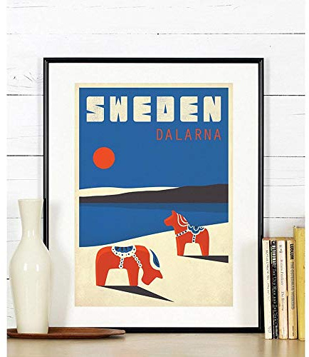 EDGIFT2 Nordic Schweden Dalarna Retro Kunstdruck Dalapferd Tierlandschaft Nordic Style Wand Wohnkultur Skandinavien Reise Poster Geschenk 50x70cm ohne Rahmen