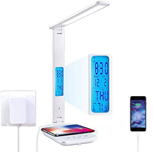 Lampada da Scrivania LED con 10w Ricarica Wireless,Lampada da tavolo e 5 livelli da Luminosità,Dimmerabile,orologio,porta USB, controllo touch,luce notturna a colori,LCD,pieghevole (ufficio bianco)