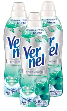 Vernel Fresh Control Fresh Breeze Weichspüler (3x32 Waschladungen), Wäscheduft für 24/7 langanhaltende Frische mit Geruchs-Neutralisierungs-Technologie, recycelbare Flasche