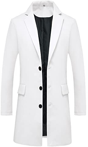 Lisskolo Men's Classic Wool Trench Overcoat Single Breasted Mid Long Wool Blend Top Pea Coats Jackets, White, X-Large